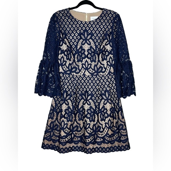 Eliza J Navy Blue Lace Over Nude Dress with Bell Sleeves, Size Medium (10) - Picture 4 of 15